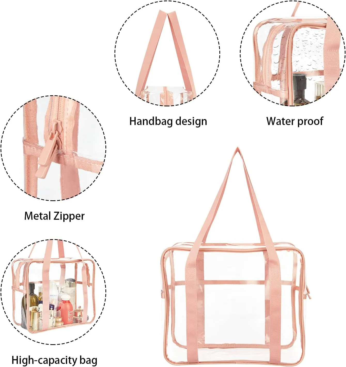HAOGUAGUA Extra Large Clear Cosmetic Makeup Bag, Transparent PVC Tote Shoulder Bag Stadium Approved, Waterproof Clear Toiletry Carry Pouch Makeup Artist Bag Diaper Bag (Pink)
