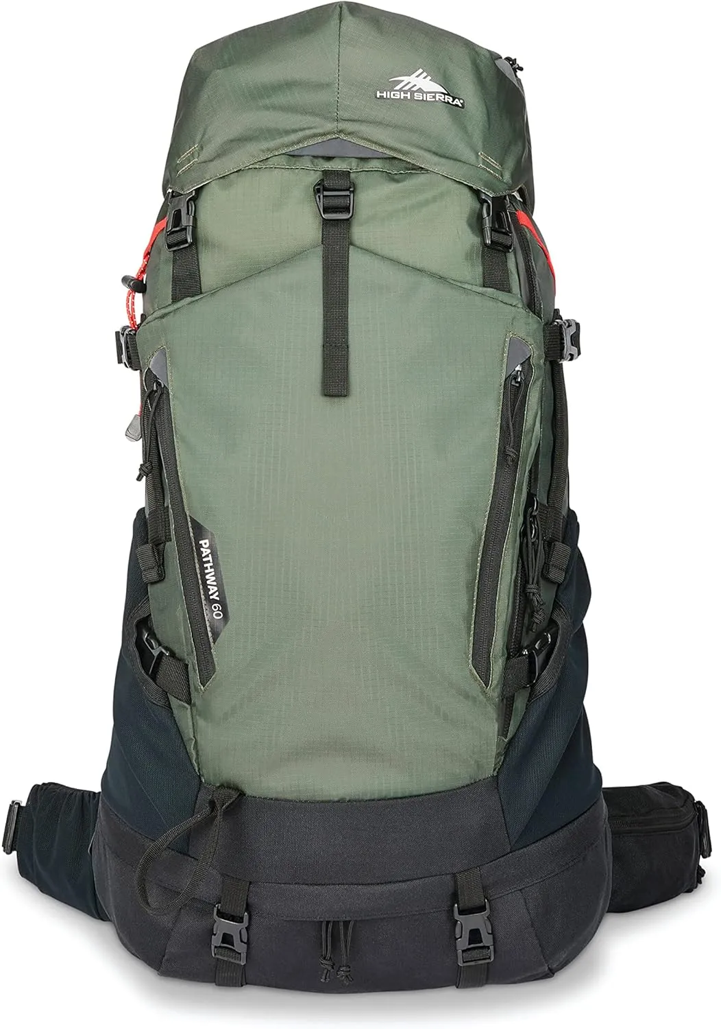 High Sierra Pathway 2.0 Backpack with Hydration Storage Sleeve, for Hiking, Biking, Camping, Traveling, Forest Green/Black, 60L