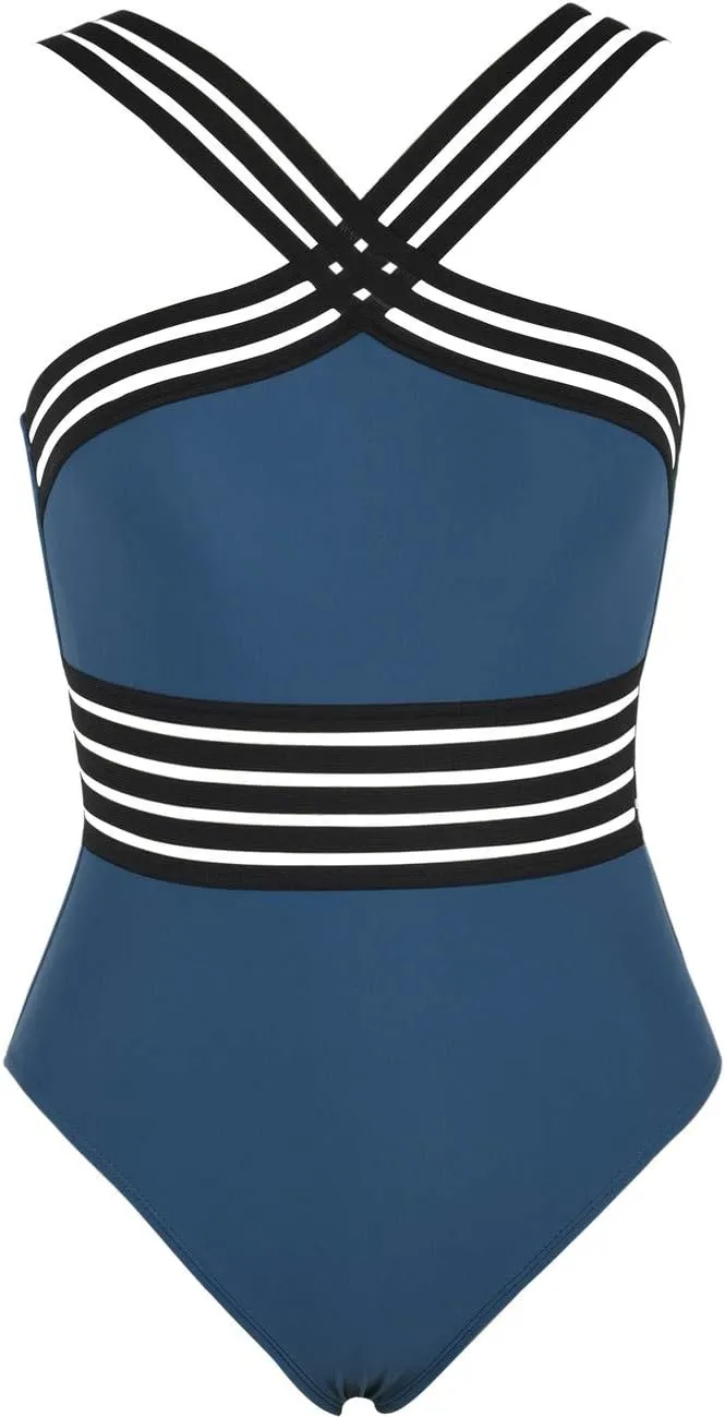 Hilor Women's One Piece Swimsuits Slimming High Waisted Bathing Suits Front Crossover Swimwear Monokinis