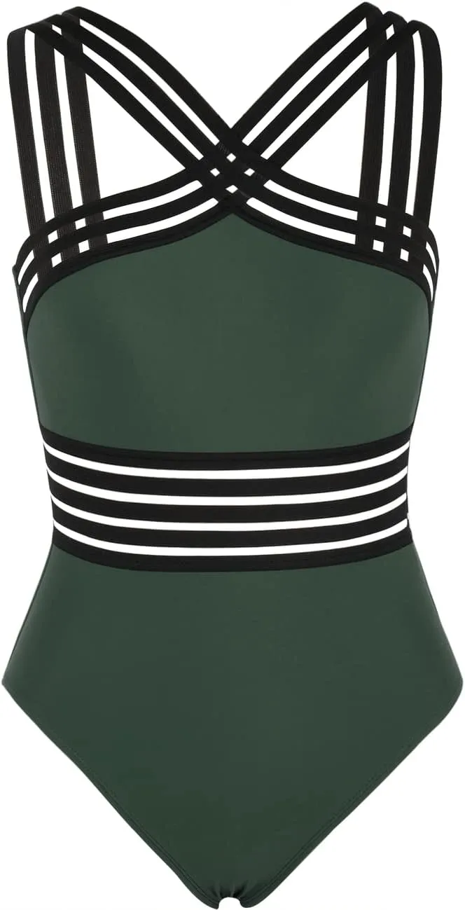 Hilor Women's One Piece Swimsuits Slimming High Waisted Bathing Suits Front Crossover Swimwear Monokinis