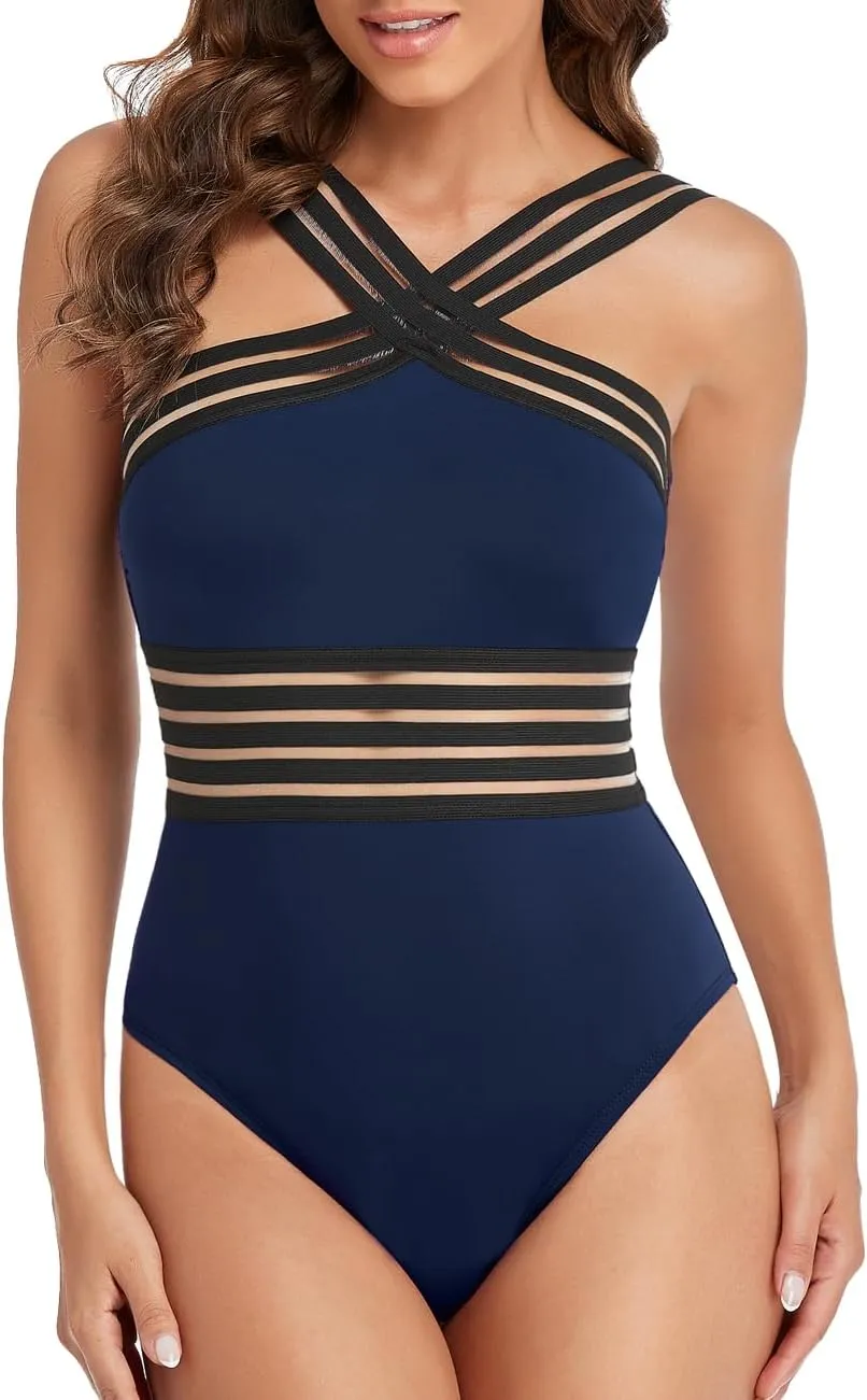 Hilor Women's One Piece Swimsuits Slimming High Waisted Bathing Suits Front Crossover Swimwear Monokinis