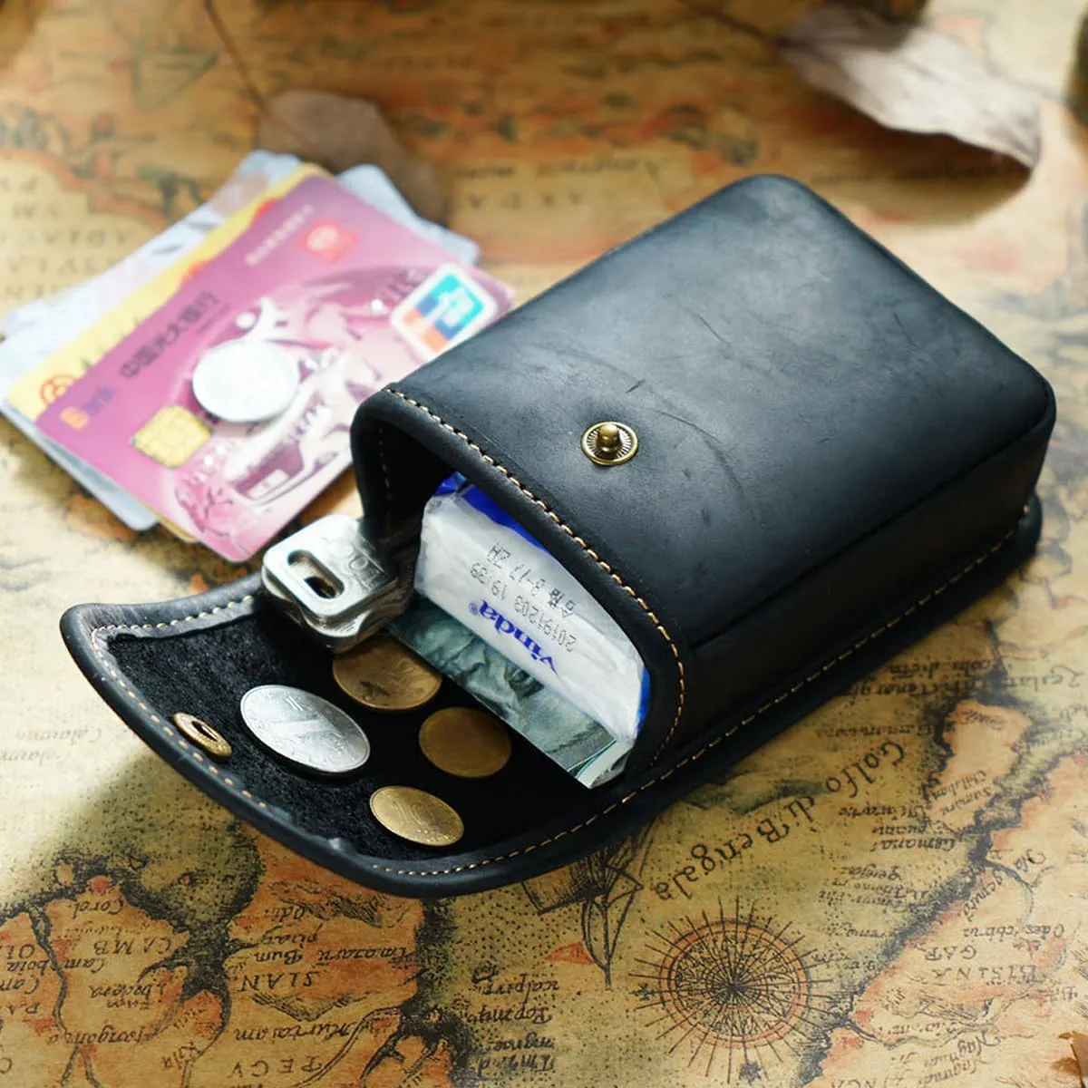 Holster Pouch, Leather Double Deck Playing Card Case Fits Poker and Bridge Size Cards, Durable Leather EDC Waist Bag for Coins, Car Keys, Headphones