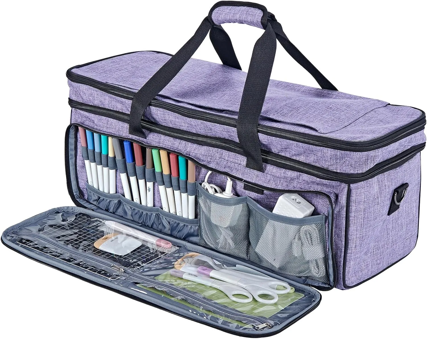 HOMEST Double Layer Carrying Case with Mat Pocket for Cricut Maker 3, Explore 3, Multi Front Pockets for Accessories and Supplies, Purple