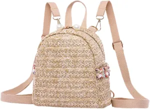 Homoyoyo 1pc Pearl Backpack Travel Straw Backpack for Knit Travel Back Packing Bags for Women Crochet Shoulder Straw Mini Back Bag for Woman Small Rucksack Polyester