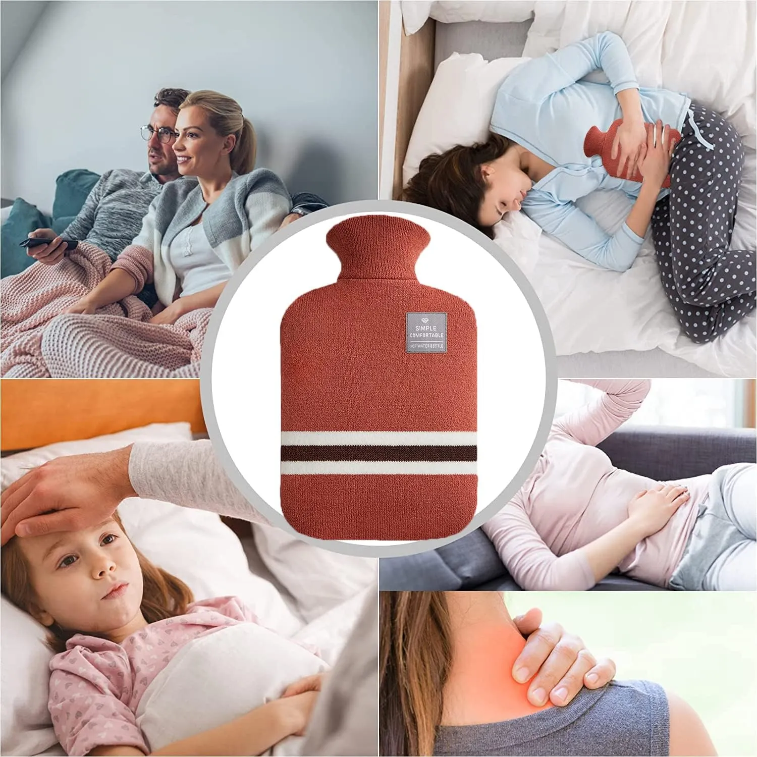 Hot Water Bottle with Classic Striped Cover, 2L Hot Water Bag for Menstrual Cramps, Neck and Shoulder Pain Relief, Hot and Cold Therapies, Hand Feet Warmer