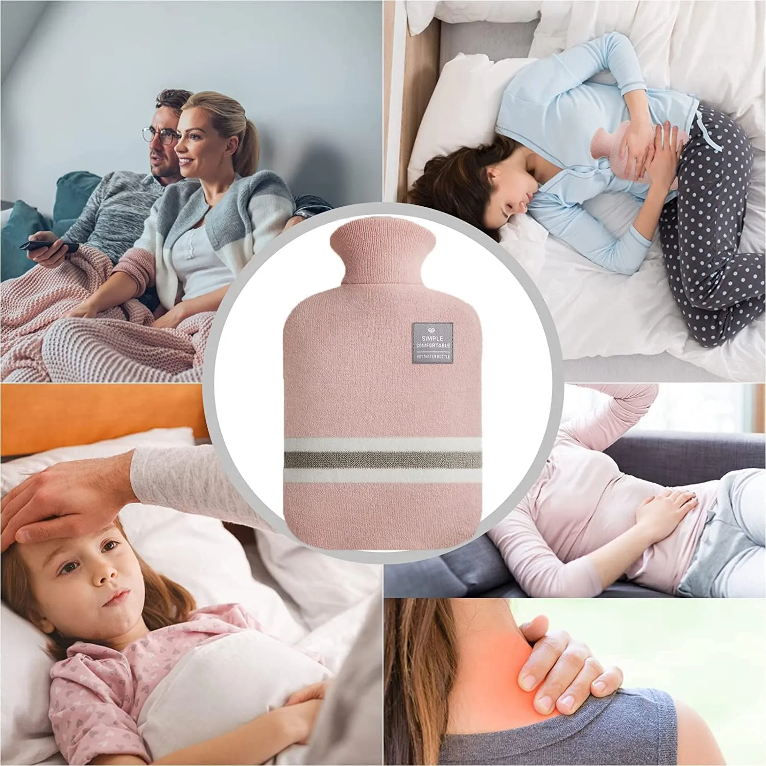 Hot Water Bottle with Classic Striped Cover, 2L Hot Water Bag for Menstrual Cramps, Neck and Shoulder Pain Relief, Hot and Cold Therapies, Hand Feet Warmer