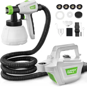 Huepar Tools Paint Sprayer, 800W HVLP Electric Spray Gun with 43 Fl Oz Container, 9.8ft Air Hose, 4 Metal Nozzles & 3 Patterns, Suitable for Home Interior and Exterior Walls, House, Furniture, Fence