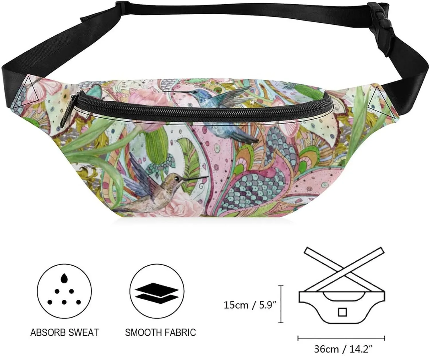 Hummingbird Fanny Pack for Women Men Small Running Belt Waist Pouch Bag with Zipper Adjustable Strap Casual Waist Pack Hands-Free Phone Holder with Headphone for Travel Jogging Hiking Walking Cycling