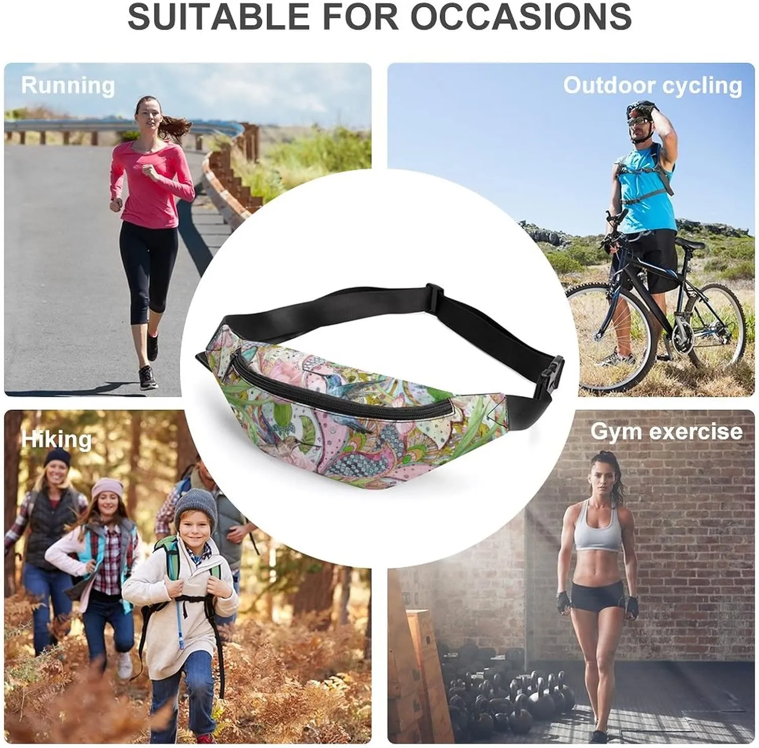 Hummingbird Fanny Pack for Women Men Small Running Belt Waist Pouch Bag with Zipper Adjustable Strap Casual Waist Pack Hands-Free Phone Holder with Headphone for Travel Jogging Hiking Walking Cycling