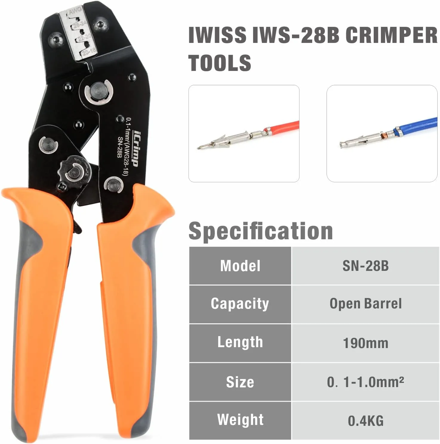 iCrimp SN-28B Dupont Crimping Tool for 3.96mm, 2.54mm, 2.5mm Pitch Dupont, JST XH VH Connectors, AWG 18 to 28