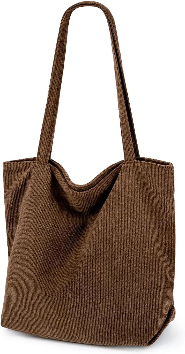 Iioscre Corduroy Tote Bag for Women,Hobo HandBags with Zipper,Large Capacity Casual Shoulder Handbags with Inner Pockets
