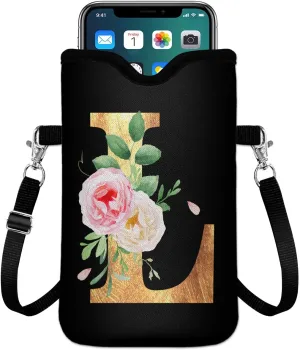 Initial Neoprene Cell Phone Sleeve Pouch 7.6"x4.3" with Crossbody Strap/Neck Lanyard,2 Pockets Inner Universal Phone Bag for Womem Men Shockproof Mobile Protection Case Bag-Black Letter-L Phone Pouch