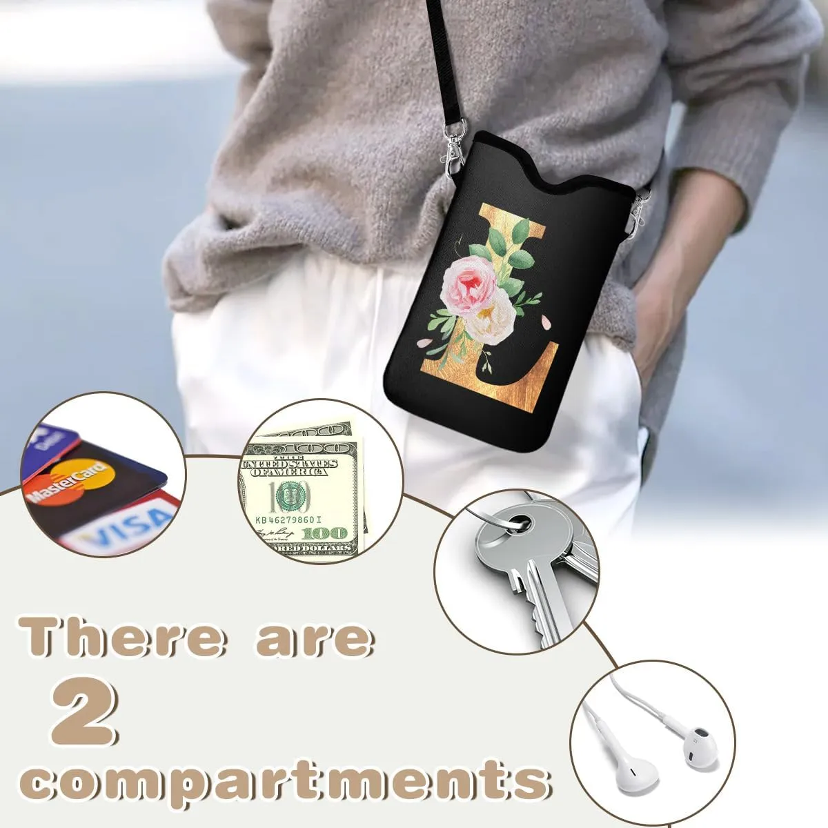 Initial Neoprene Cell Phone Sleeve Pouch 7.6"x4.3" with Crossbody Strap/Neck Lanyard,2 Pockets Inner Universal Phone Bag for Womem Men Shockproof Mobile Protection Case Bag-Black Letter-L Phone Pouch