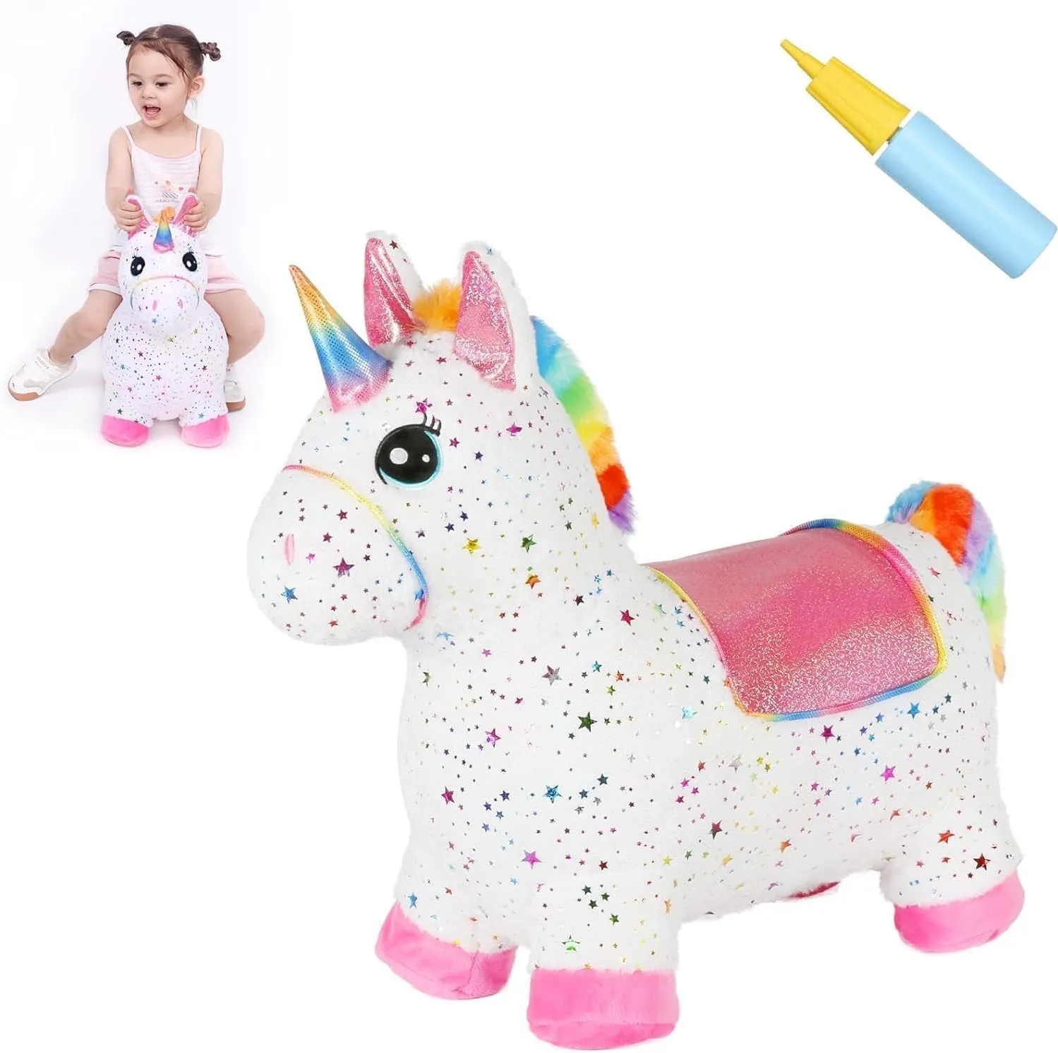 INPANY Unicorn Bouncy Horse Toys, Toddlers Girl Bouncing Animals, Inflatable Ultra Thick Plush Horse Hopper, Baby Ride-on Rubber Bouncer, Outdoor Indoor Cute Birthday Gift for 2 3 4 Year Old Girl Kid