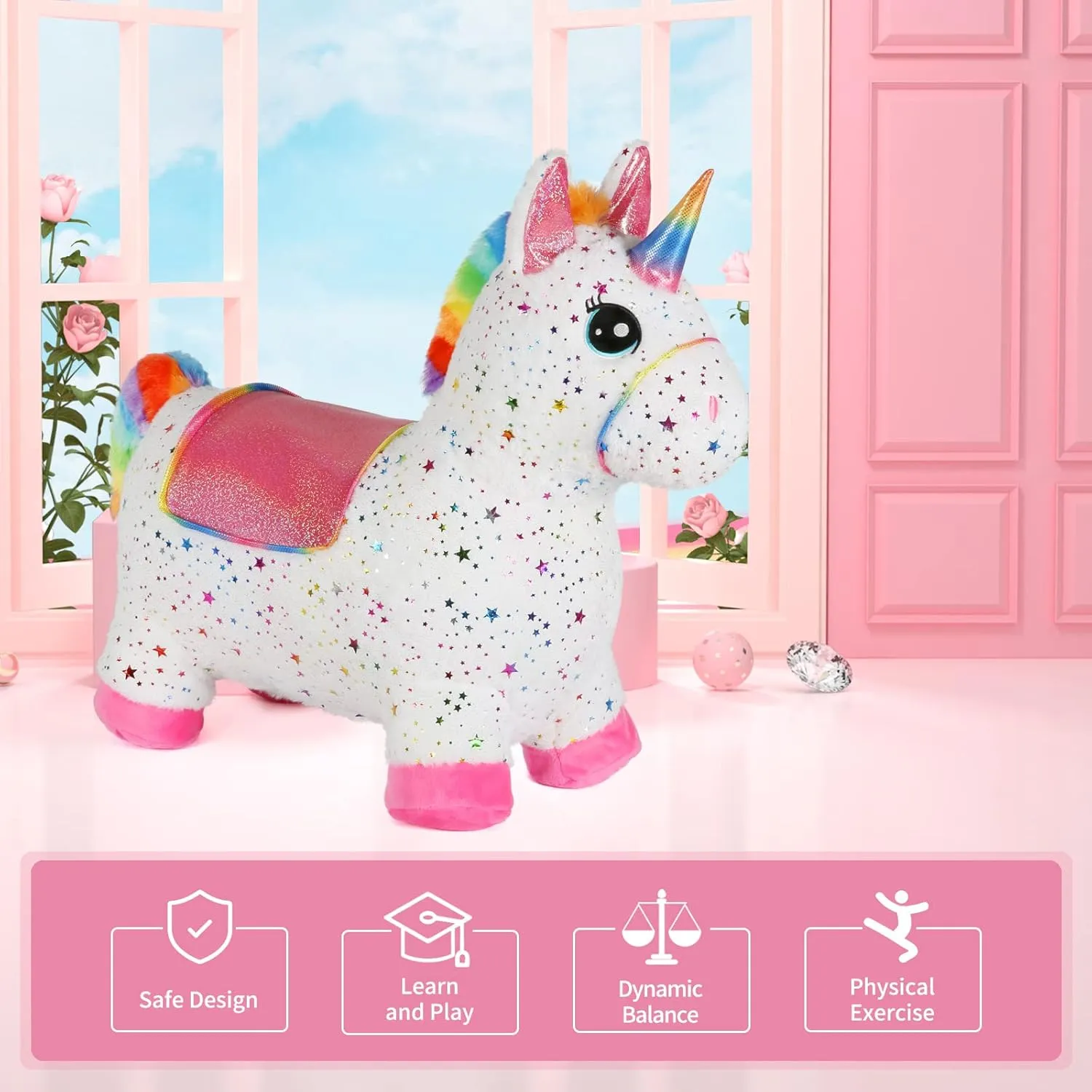 INPANY Unicorn Bouncy Horse Toys, Toddlers Girl Bouncing Animals, Inflatable Ultra Thick Plush Horse Hopper, Baby Ride-on Rubber Bouncer, Outdoor Indoor Cute Birthday Gift for 2 3 4 Year Old Girl Kid