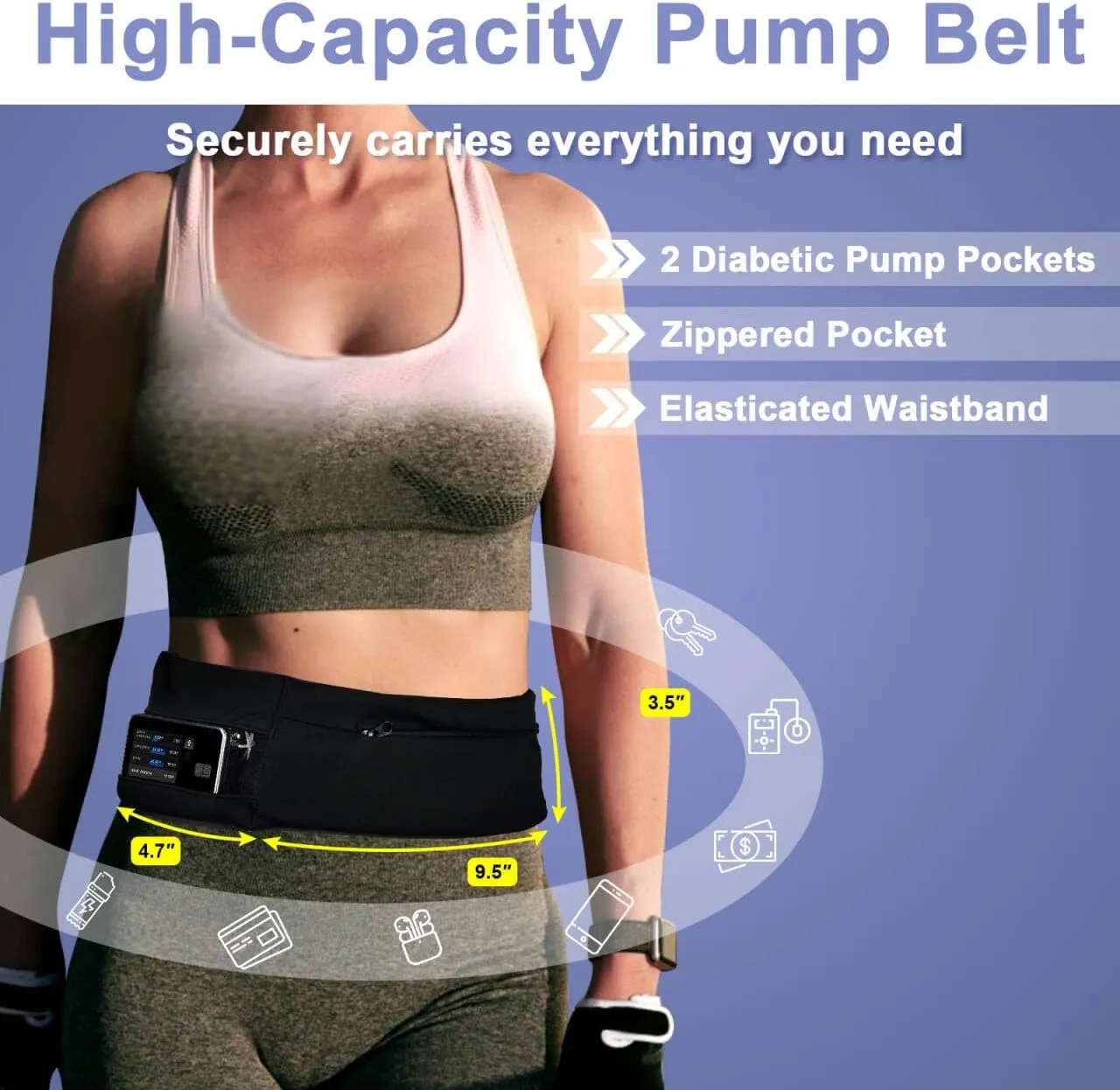 Insulin Pump Belt with Mesh Pouches Easy Viewing, Breathable Insulin Pump Holder with Adjustable Waist Band, No-Buckle Diabetic Pump Sleeping/Running Belt for Men/Women (M:24" - 36")
