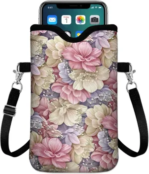 IRADA Neoprene Cell Phone Sleeve Pouch Case Bag with Crossbody Strap Neck Lanyard for Women Men 7.6 X 4.3 Inches-Luxury Flowers Shockproof Universal Phone Bag