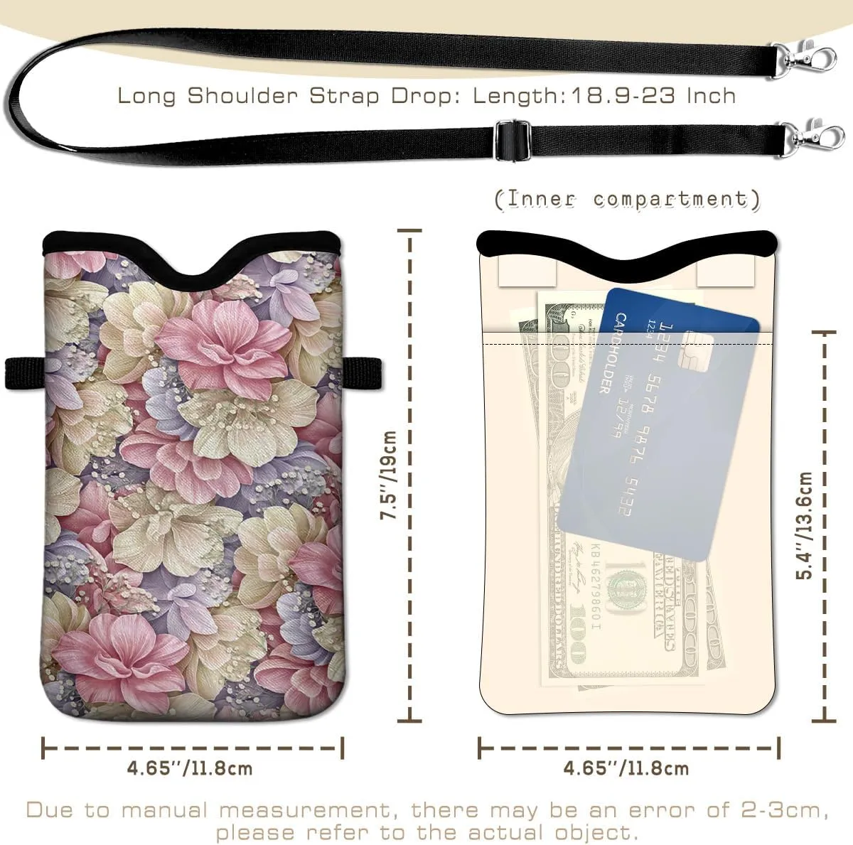 IRADA Neoprene Cell Phone Sleeve Pouch Case Bag with Crossbody Strap Neck Lanyard for Women Men 7.6 X 4.3 Inches-Luxury Flowers Shockproof Universal Phone Bag