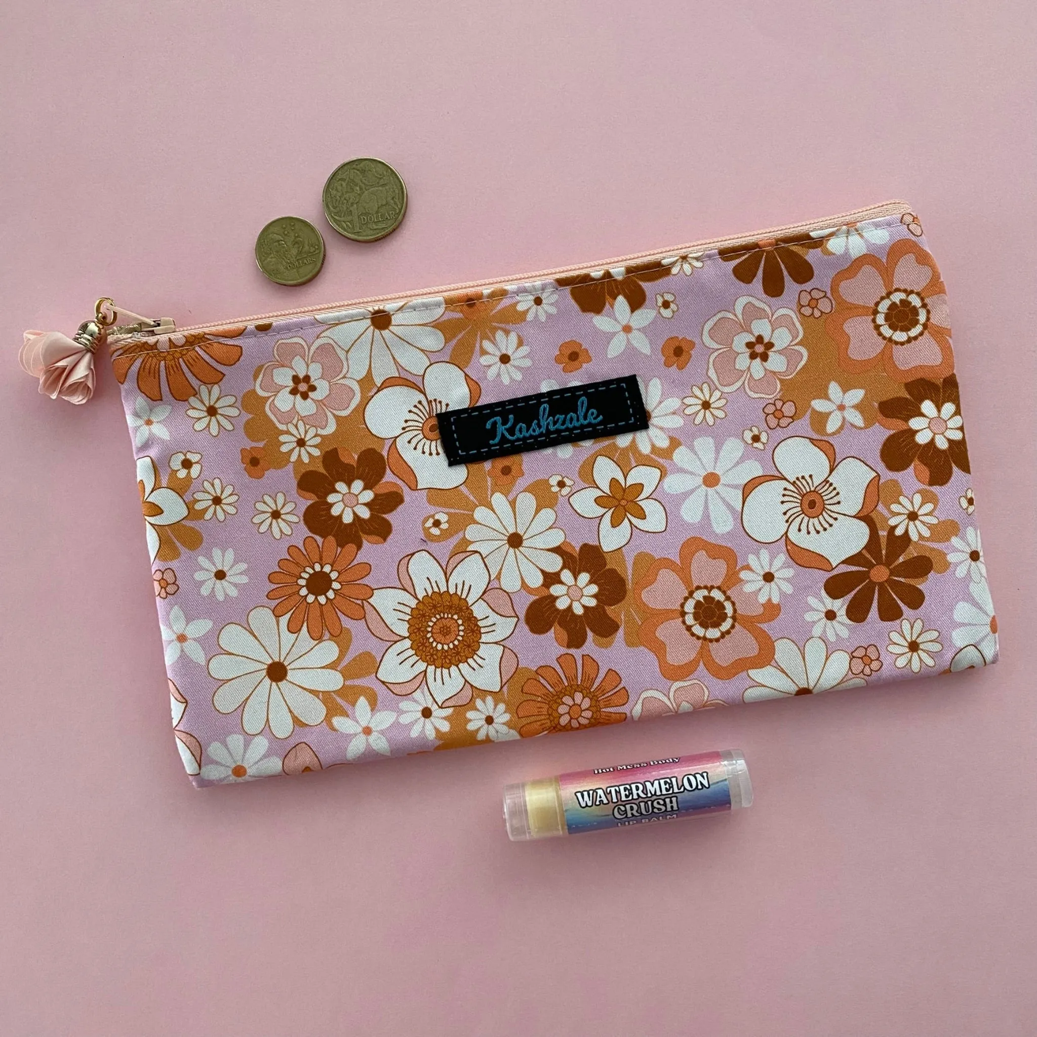 Jac Slade Retro Blooms Pink Blush Large Zipper Pouch