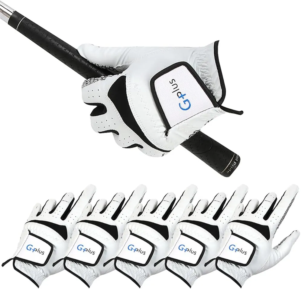 J&S Sporting G-Plus Golf Gloves Men Left Hand, 5 Pack, All Weather Durable Non-Slip Grip, Mens Size Small Medium Large XL