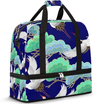 Japanese Traditional Crane Foldable Travel Duffel Bag Tote Carry on Luggage Sport Duffle for Women Men Gym Bag Overnight Weekender Bags with Shoe Compartments & Shoulder Strap