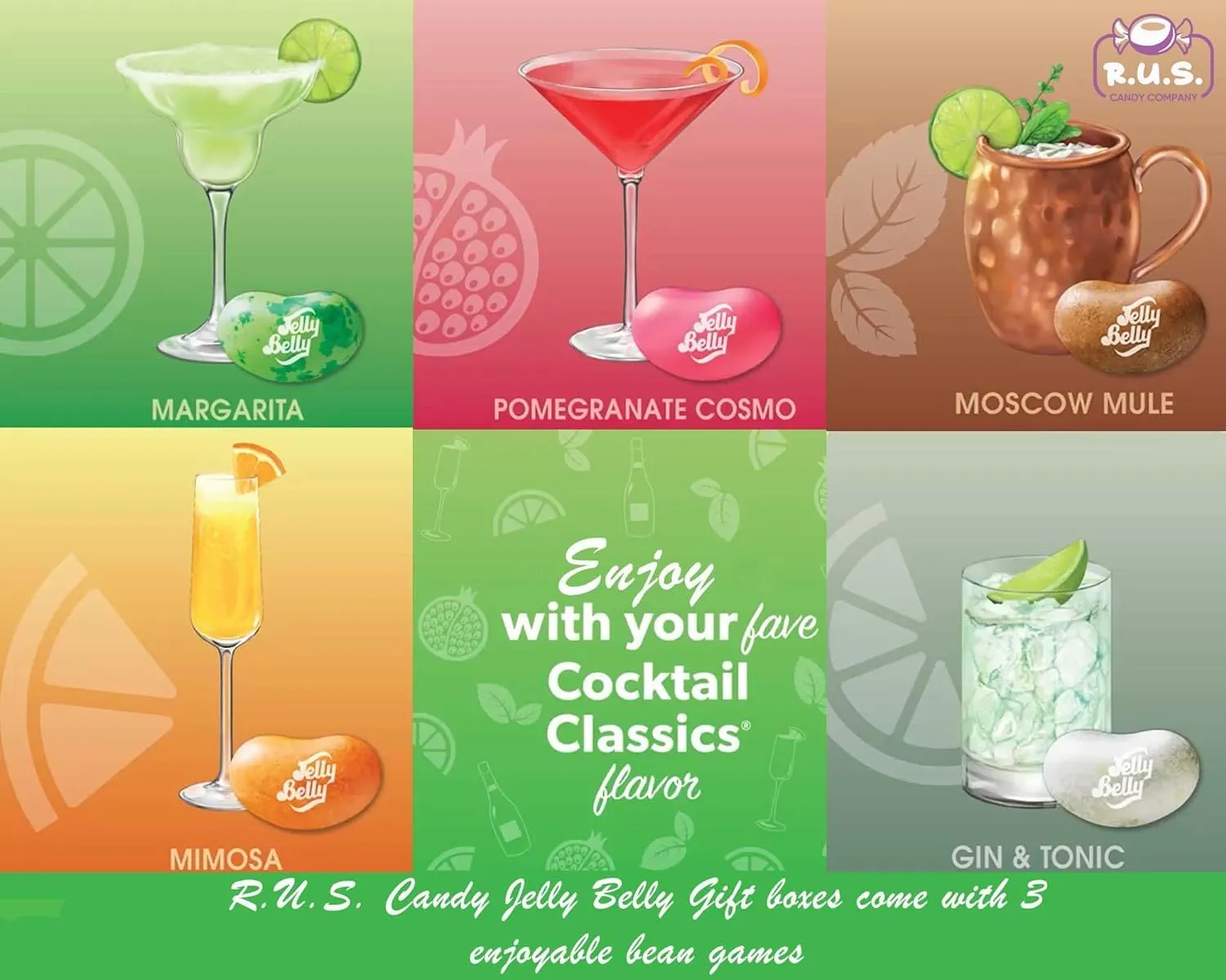 Jelly Belly Cocktail Classics Mix Jelly Beans - 7.5 oz Gift Bag- includes RUS Candy Company Travel Size Pocket Bag (Cocktail Mix)