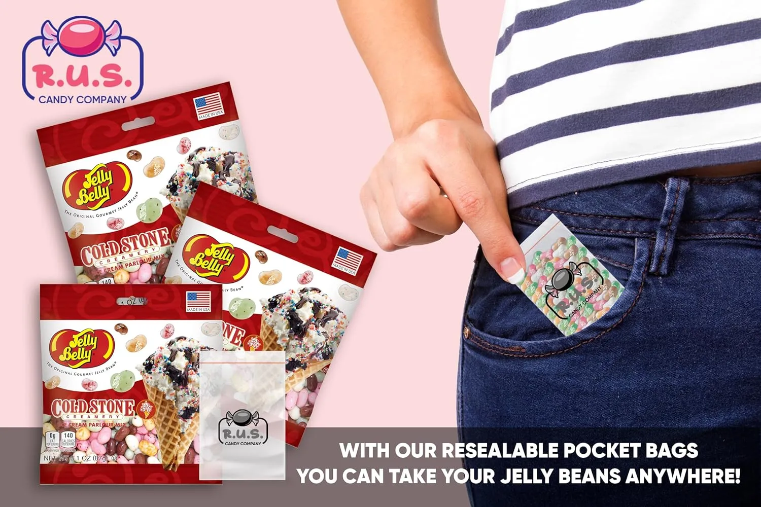Jelly Belly Cold Stone Ice Cream Parlor Mix Flavored Jelly Beans- Dessert pack - 3 Pack- 3.1 oz each, Indulgent Candy Variety for Ice Cream Lovers and Sweet Tooth Satisfaction with 1 R.U.S. Candy Company pocket size travel bag (Cold Stone)