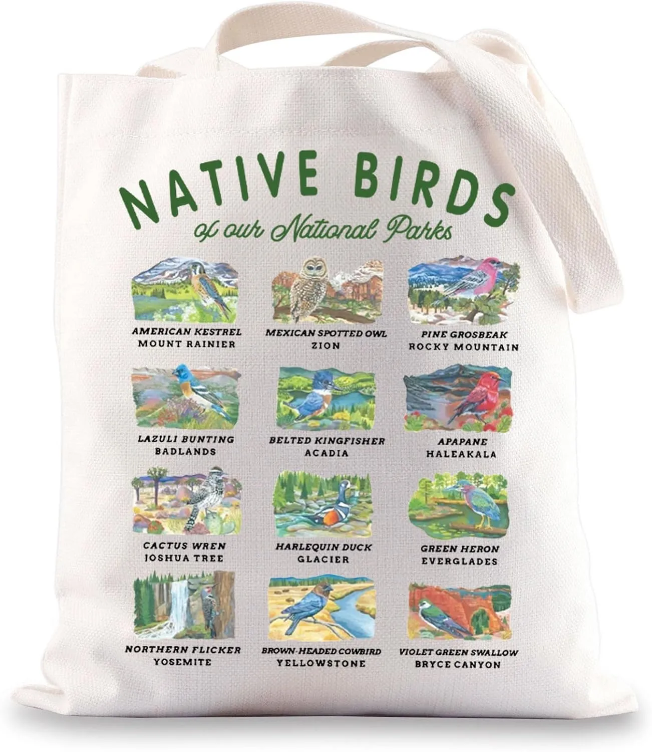 JNIAP National Parks Birding Tote Bag Bird Lover Gift Bird Watching Tote Bag Native Birds Of Our National Parks Gifts