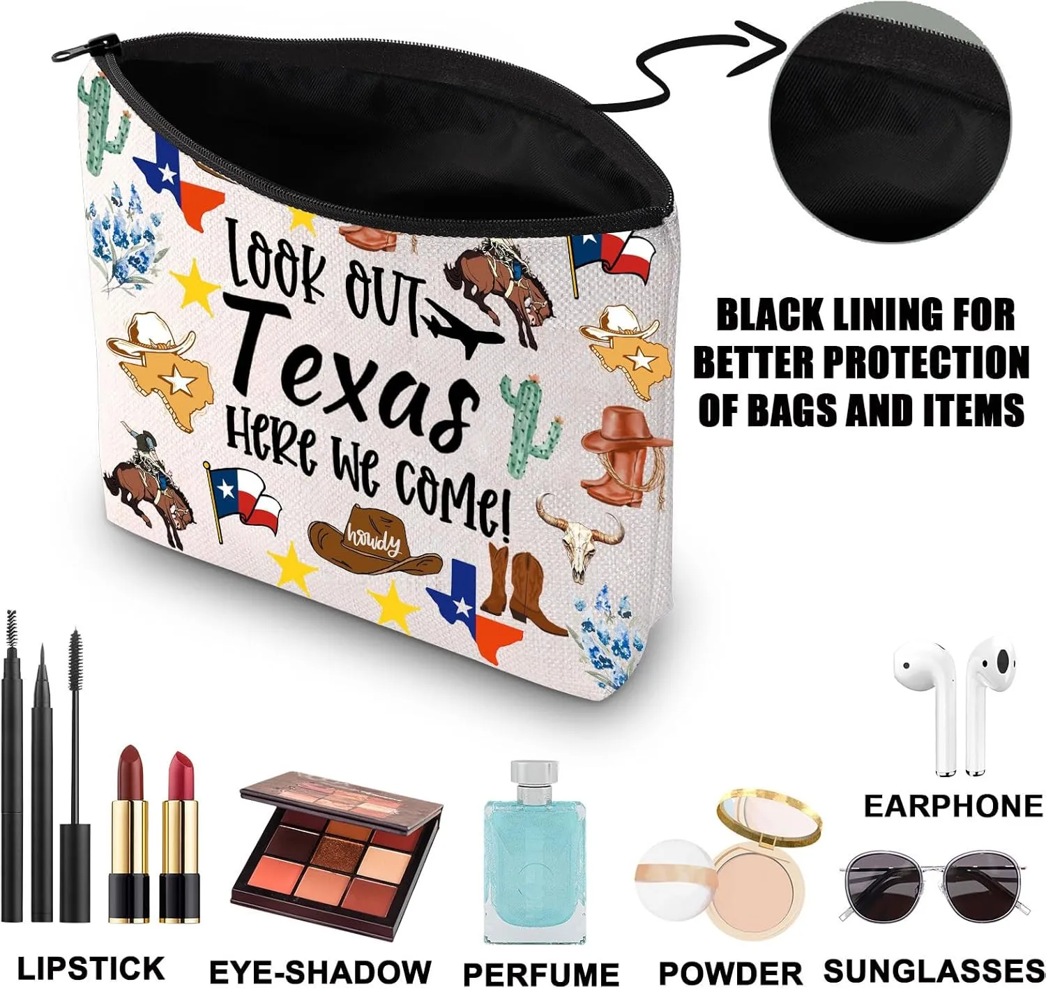 JNIAP Texas Makeup Bag Texas Themed Gifts Texas Cowgirl Gifts Texas Travel Gifts Texas Zipper Pouch (look out texas)