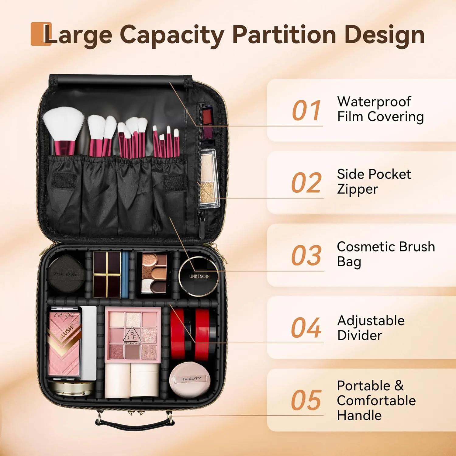 JUSRON Portable Makeup Bag with Adjustable Dividers, Makeup Brush Holder Storage (Black No Mirror, Small)
