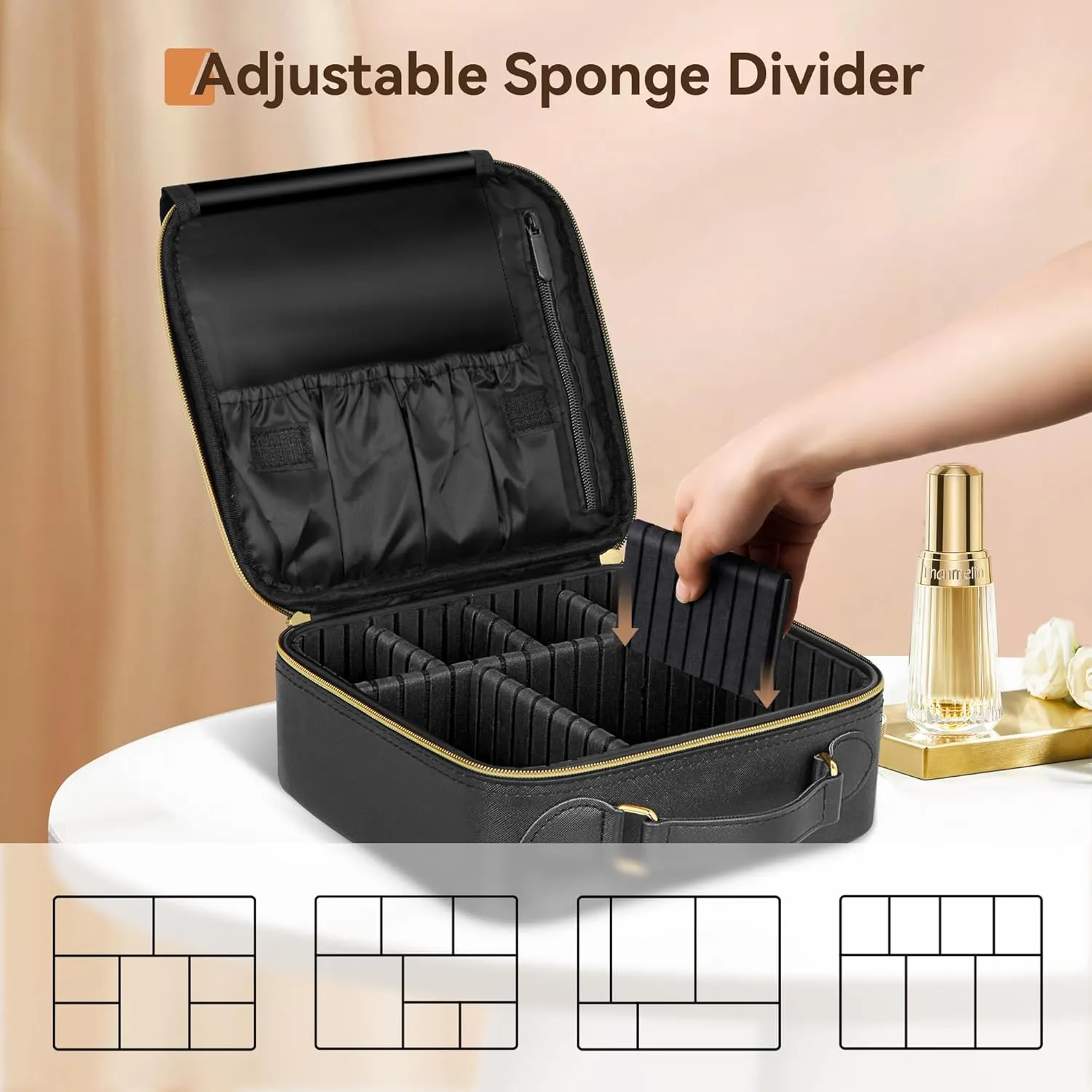 JUSRON Portable Makeup Bag with Adjustable Dividers, Makeup Brush Holder Storage (Black No Mirror, Small)