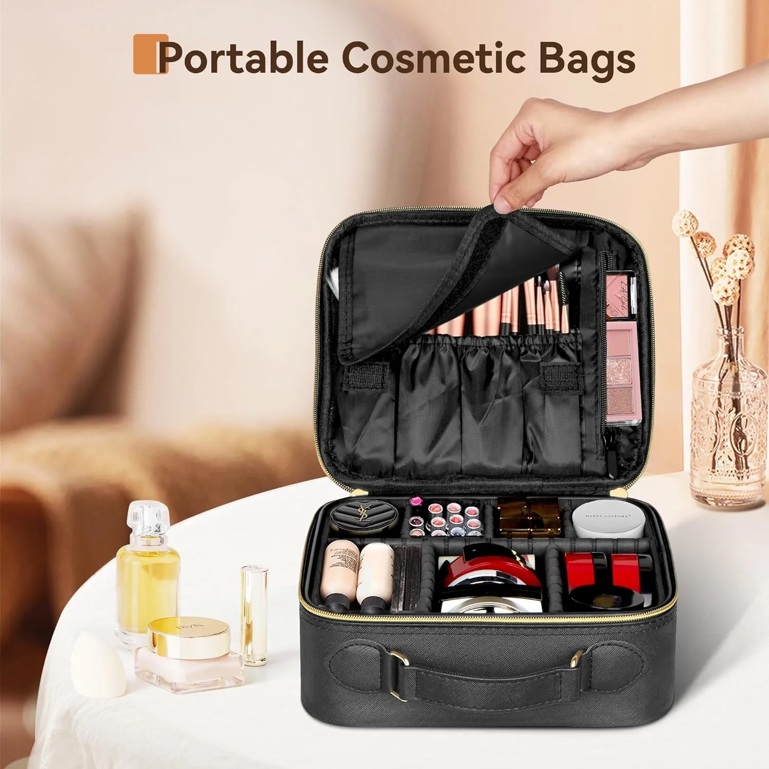 JUSRON Portable Makeup Bag with Adjustable Dividers, Makeup Brush Holder Storage (Black No Mirror, Small)