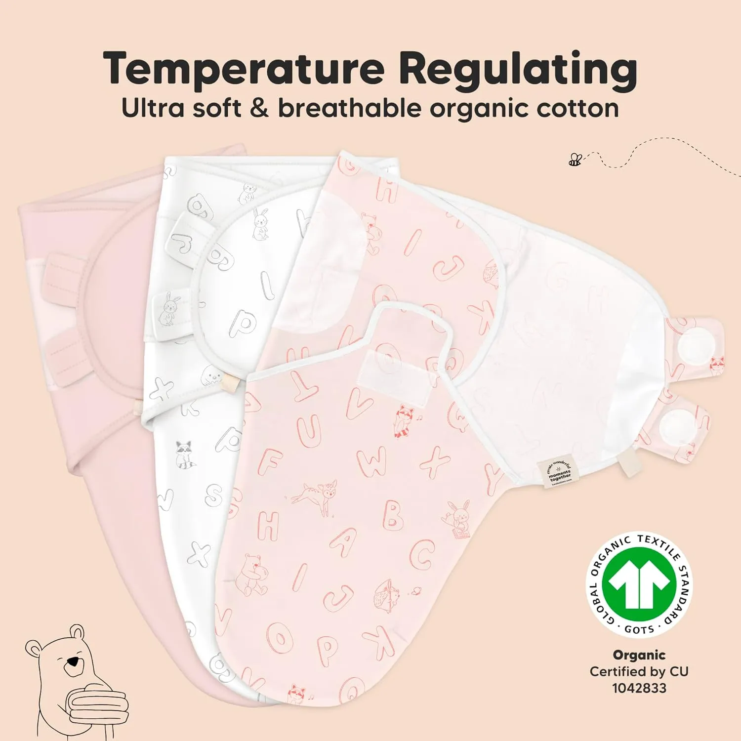 KeaBabies 3-Pack Organic Baby Swaddle Sleep Sacks - Swaddles for Newborns, Infant 3-6 Months, Baby Girls, Boys, Soft & Snug Newborn Sleep Sack, Nursery Swaddling Blankets (ABC Land Rose, L)