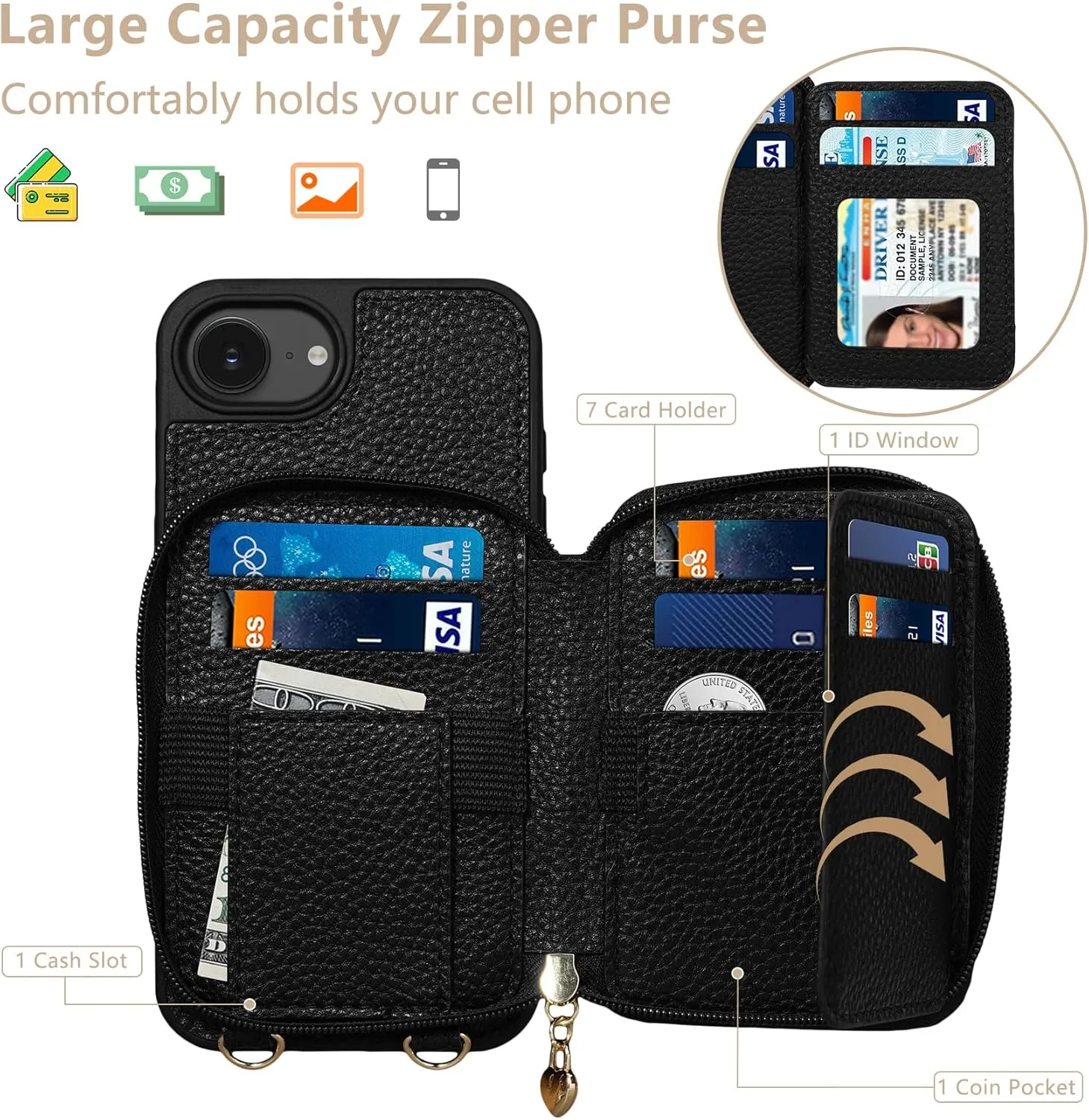 Keallce Case for iPhone 16e 2025 6.1'' Case Wallet, Crossbody Zipper with RFID Blocking Card Slots Kickstand,Handbag Zipper Flip Cover with Wrist Strap for iPhone 16e Men Women, Black