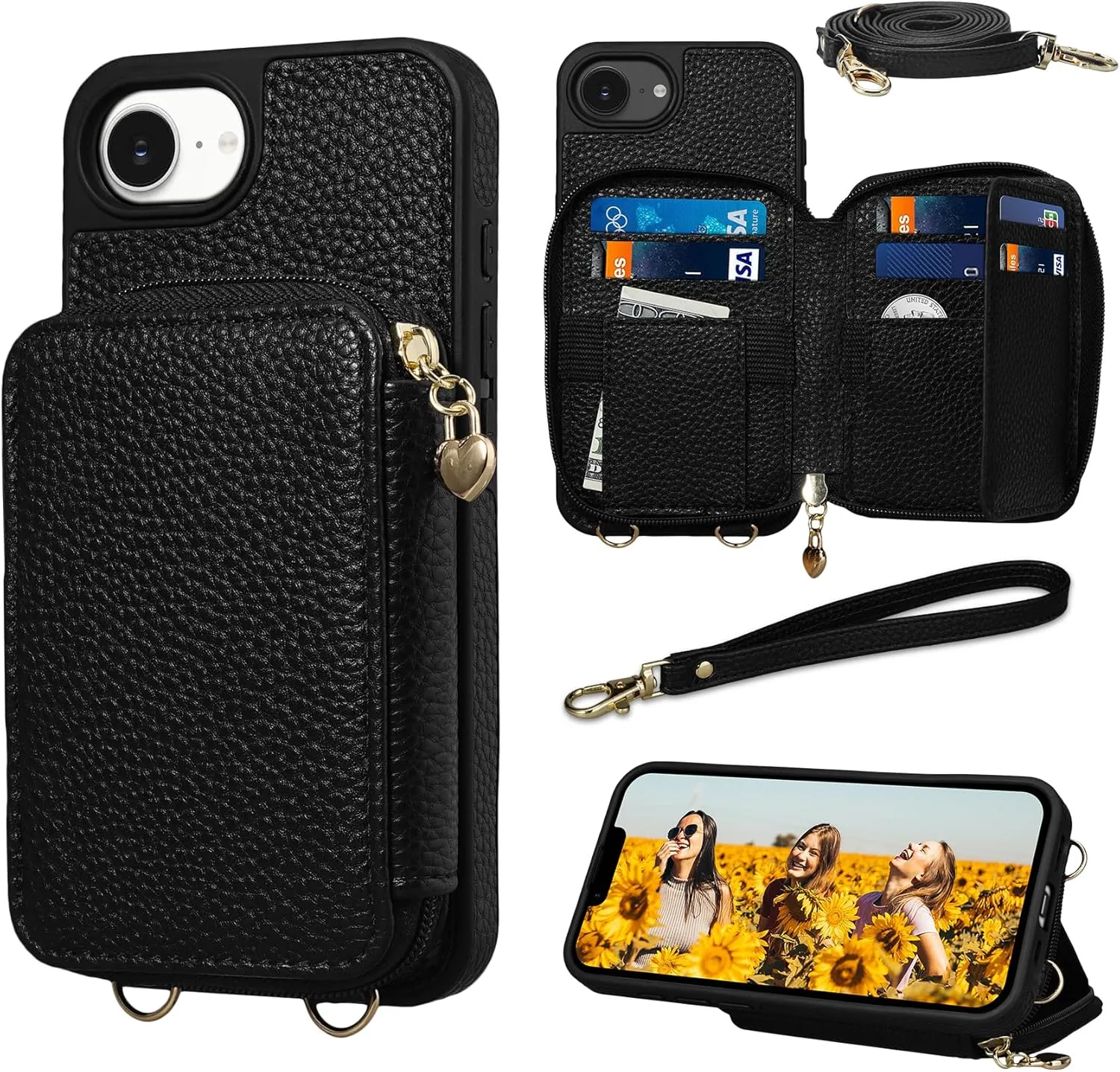Keallce Case for iPhone 16e 2025 6.1'' Case Wallet, Crossbody Zipper with RFID Blocking Card Slots Kickstand,Handbag Zipper Flip Cover with Wrist Strap for iPhone 16e Men Women, Black