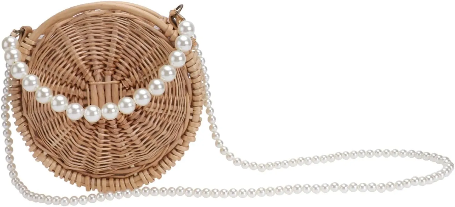 KESYOO Pearl Straw Bag Stylish Round Shoulder Cross Body Bag for Women for Beach Evening and Casual Outfits