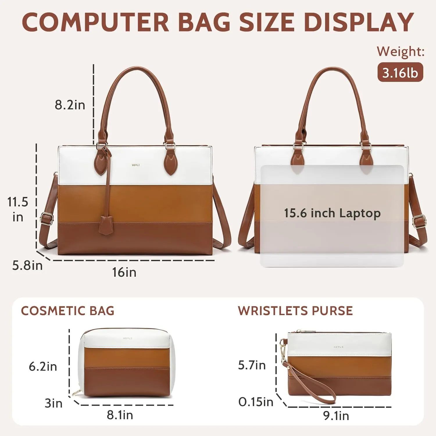 Keyli 3pcs Laptop Bag for Women,15.6 Inch Work Tote Bags Waterproof Leather Business Computer Briefcase Shoulder Handbag