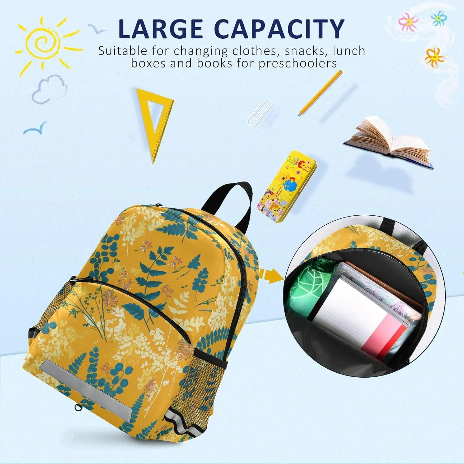 Kids Backpack, Ferns Vintage Botanical Saffron, Multifunctional Bookbag Cute Travel