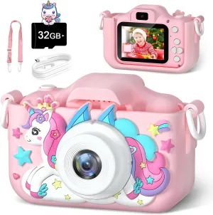 Kids Camera, Toy Camera for Kids Aged 3 4 5 6 7 8 9 10 11 12, 1080P HD Toddler Digital Video Camera, Children's Camera for Boys and Girls, Perfect Christmas & Birthday Gifts, 32GB Card - Pink