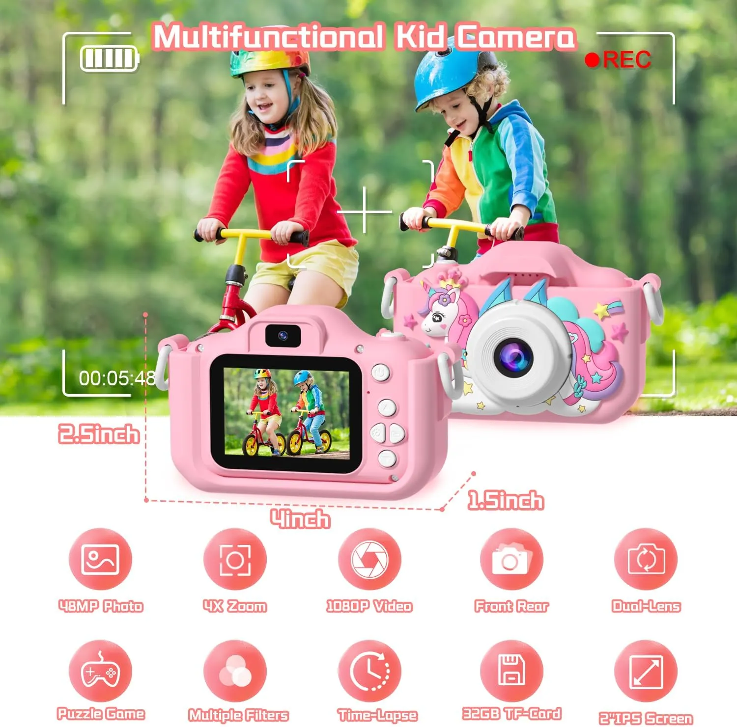 Kids Camera, Toy Camera for Kids Aged 3 4 5 6 7 8 9 10 11 12, 1080P HD Toddler Digital Video Camera, Children's Camera for Boys and Girls, Perfect Christmas & Birthday Gifts, 32GB Card - Pink