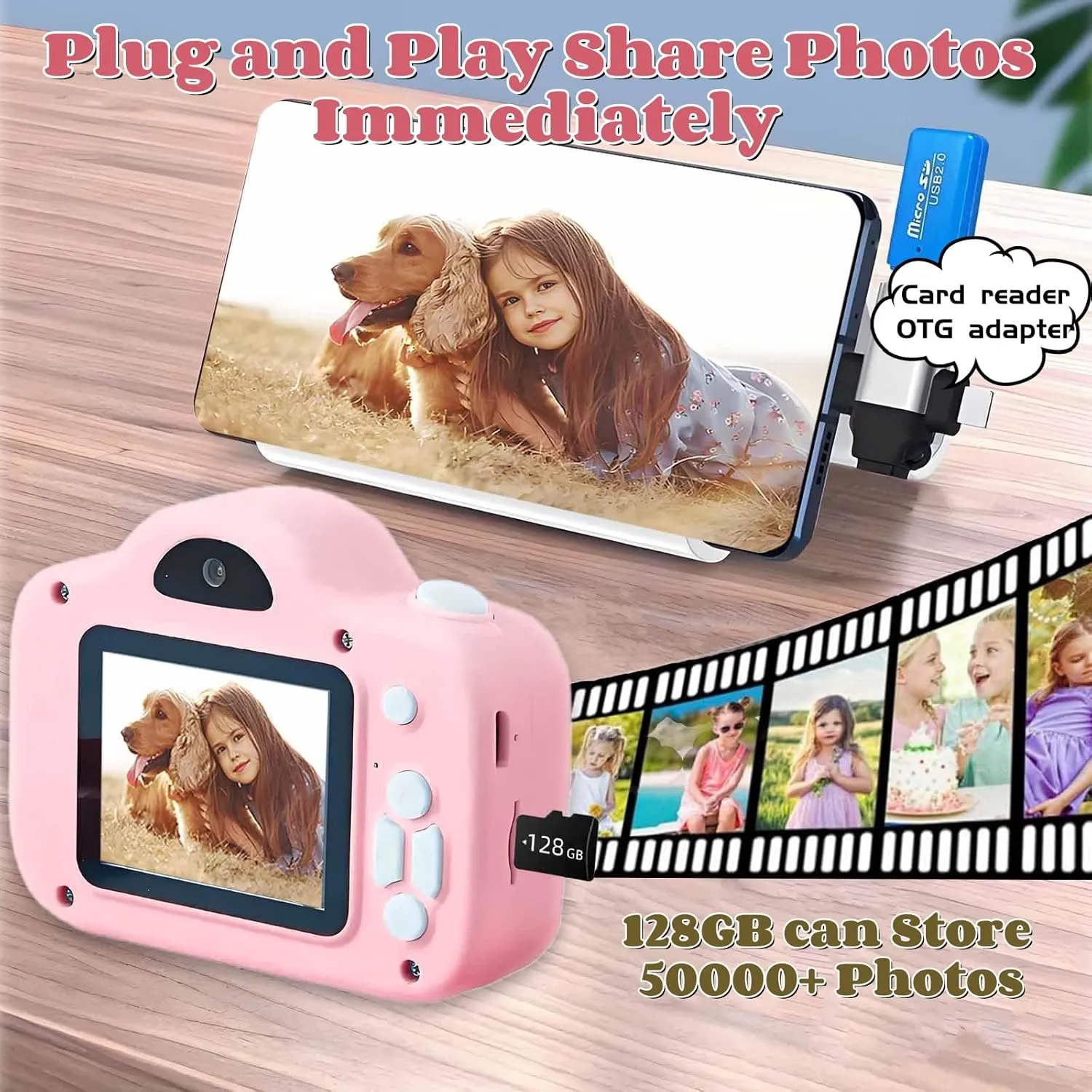 Kids Camera Toys for 3-12 Years Old Girls Boys,Children Selfie Digital Video Camcorder Camera with OTG Adapter Instantly Share Photos, Best Chritmas Birthday Gift for Kids - 128G SD Card Included