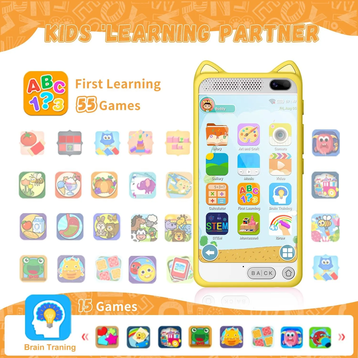 Kids Phone, 3.97" Touchscreen Toddler Smartphone Learning Toys, Fake Play Toy Phone with Music Player Educational Games，Christmas Birthday Gifts for Girls Age 3-12, 8G SD Card（Yelllow）