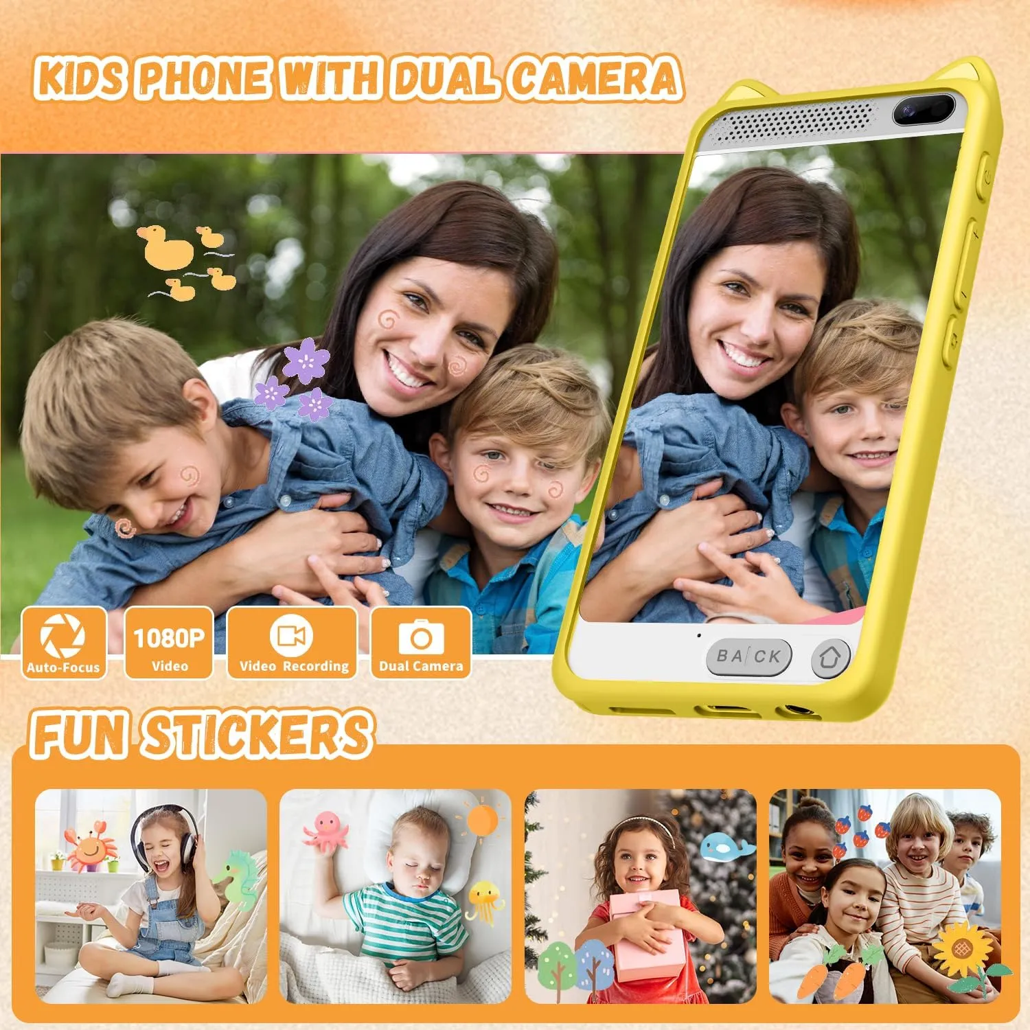 Kids Phone, 3.97" Touchscreen Toddler Smartphone Learning Toys, Fake Play Toy Phone with Music Player Educational Games，Christmas Birthday Gifts for Girls Age 3-12, 8G SD Card（Yelllow）