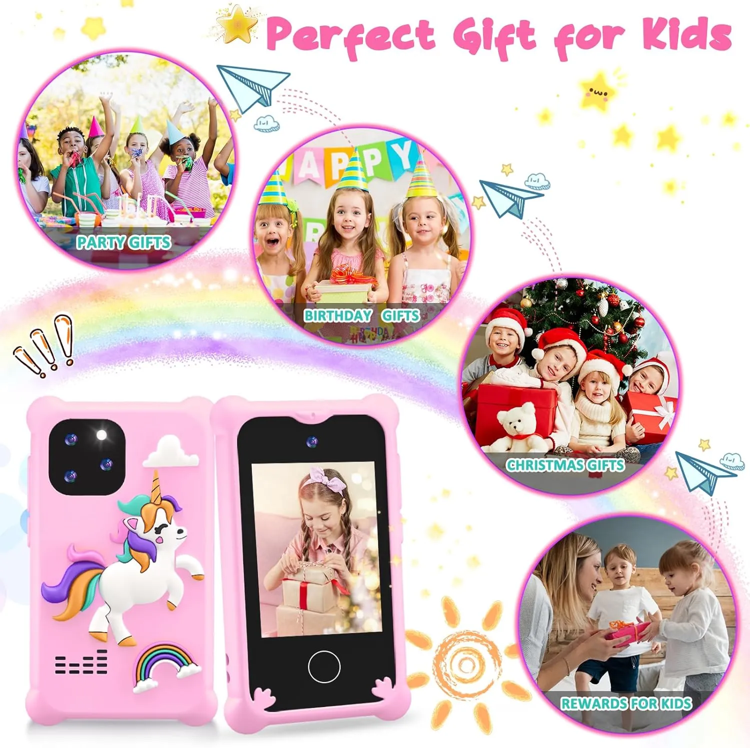Kids Smart Phone Toys，Unicorn Toys Phone for Girls Touchscreen Play Phone with Dual Camera Toddler Learning Toys Music Player Christmas Birthday Gifts for 3 4 5 6 7 Year Old Girls with SD Card