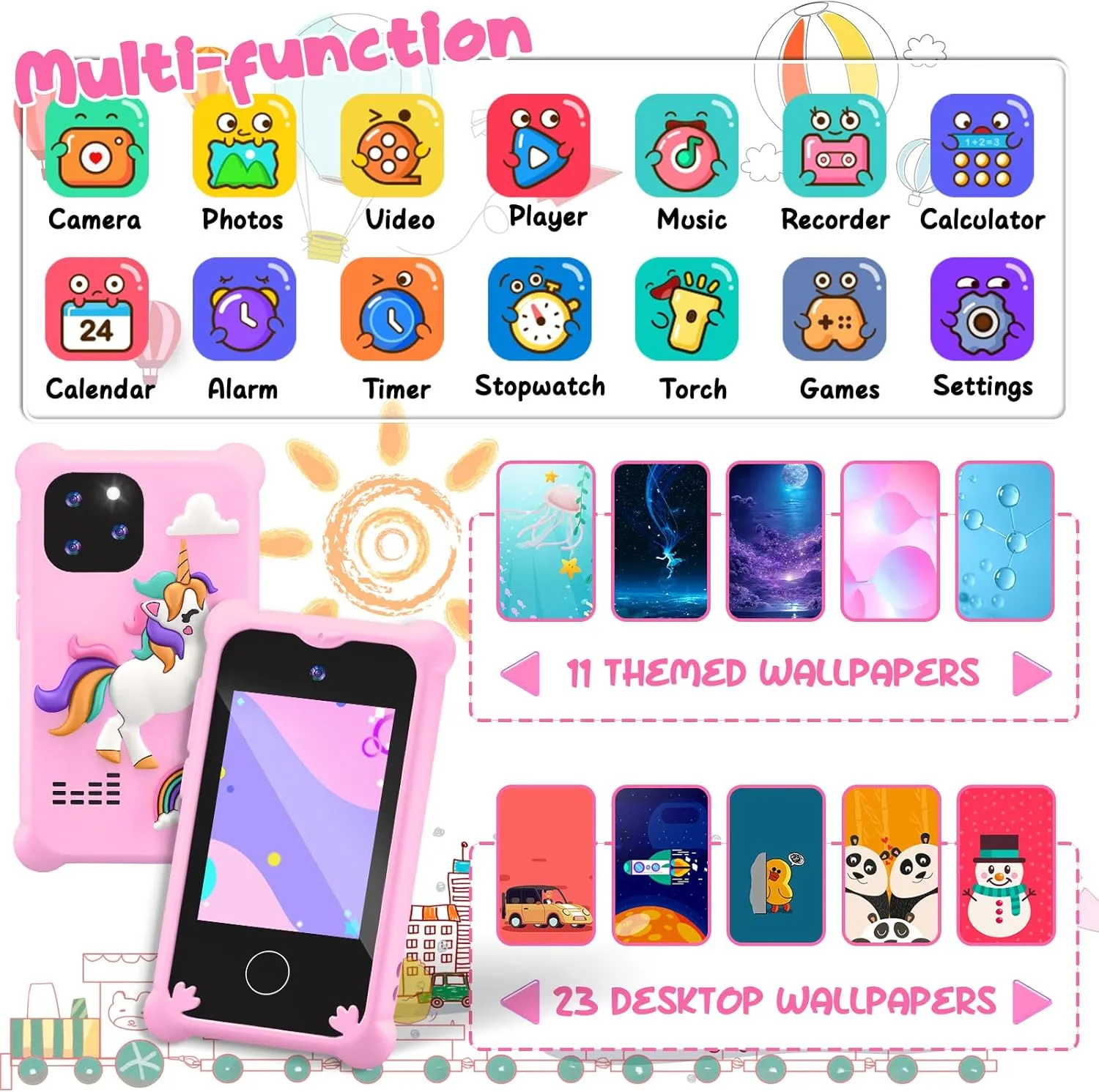 Kids Smart Phone Toys，Unicorn Toys Phone for Girls Touchscreen Play Phone with Dual Camera Toddler Learning Toys Music Player Christmas Birthday Gifts for 3 4 5 6 7 Year Old Girls with SD Card