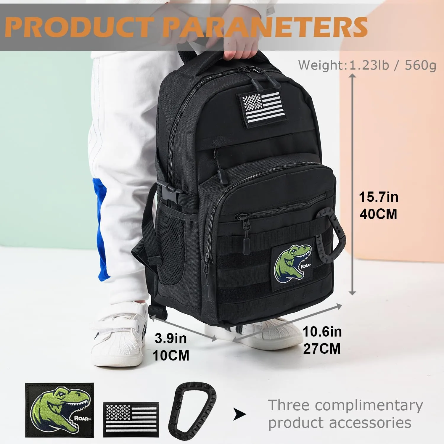 Kids Tactical Backpack 20L Military Elementary Middle School Boys Backpack Army Bookbag with Patches (Black)