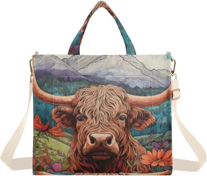 Kigai Tote Bag for Women Corduroy Tote Handbag with Zipper Shoulder Bag for Travel, Beach, Shopping, Highland Cow