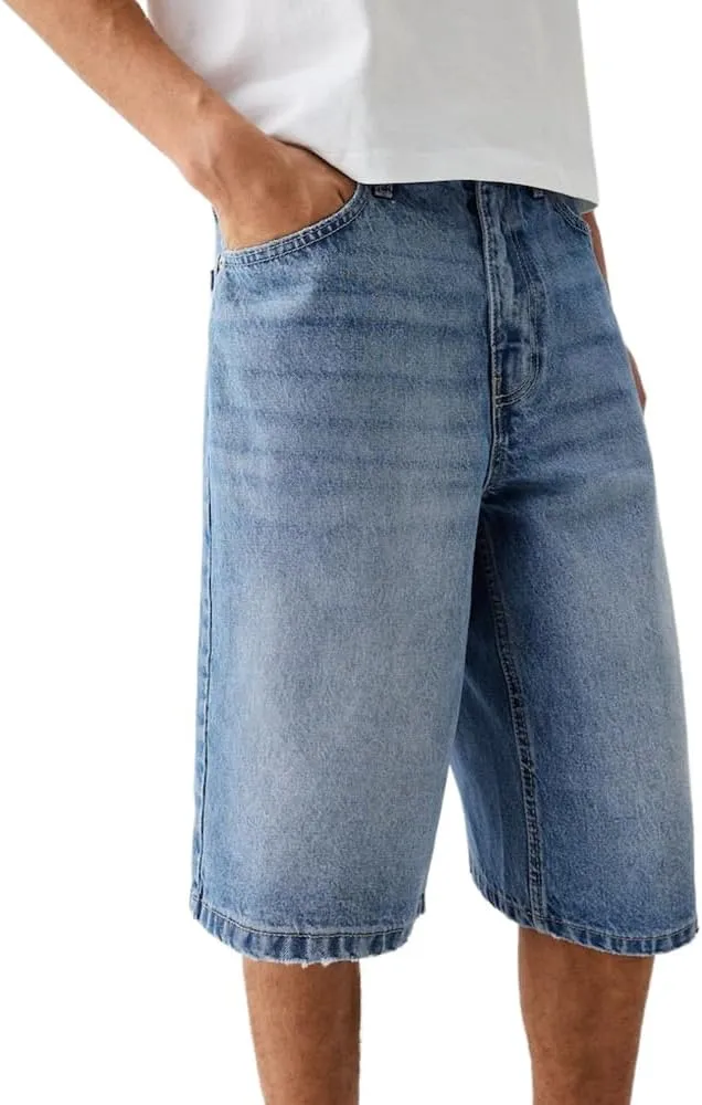 Kinghua Mens Baggy Jean Shorts Casual Loose Fit Hip Hop Skater Knee Length Denim Shorts