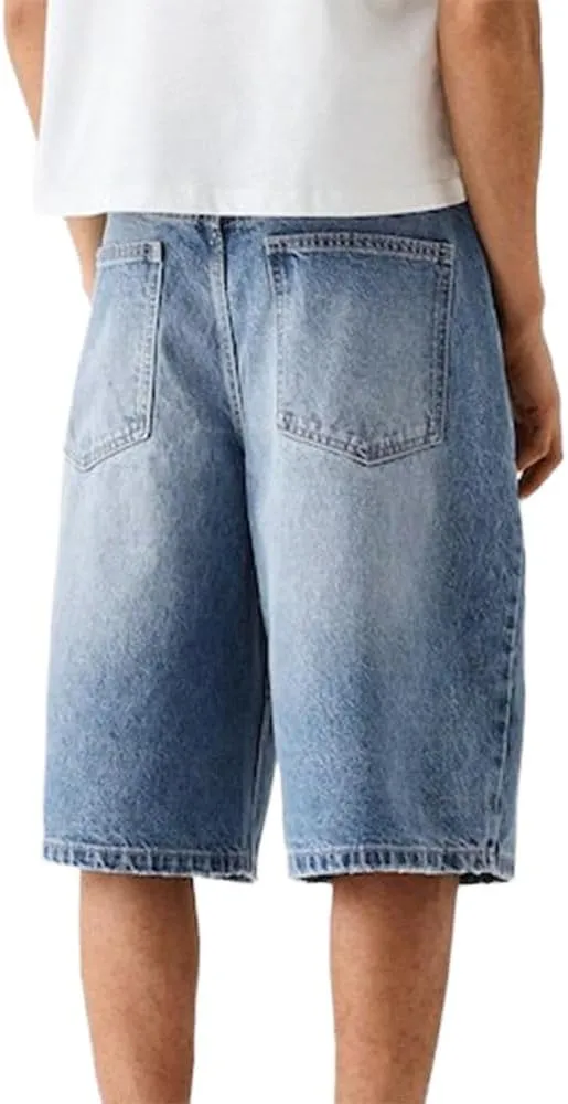 Kinghua Mens Baggy Jean Shorts Casual Loose Fit Hip Hop Skater Knee Length Denim Shorts