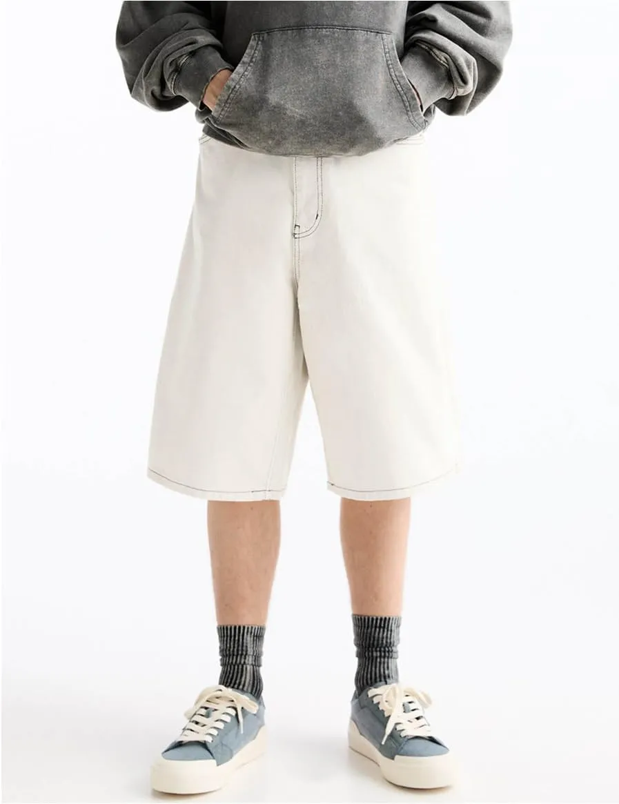 Kinghua Mens Baggy Jean Shorts Casual Loose Fit Hip Hop Skater Knee Length Denim Shorts